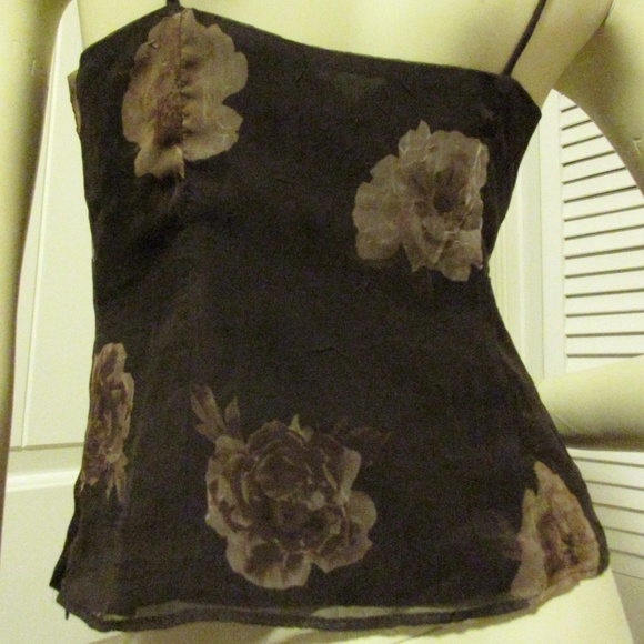 Y2K Vintage 90s Womens V-Neck Floral Top 6 P Made USA Spaghetti Cami Dark Brown - Picture 7 of 8